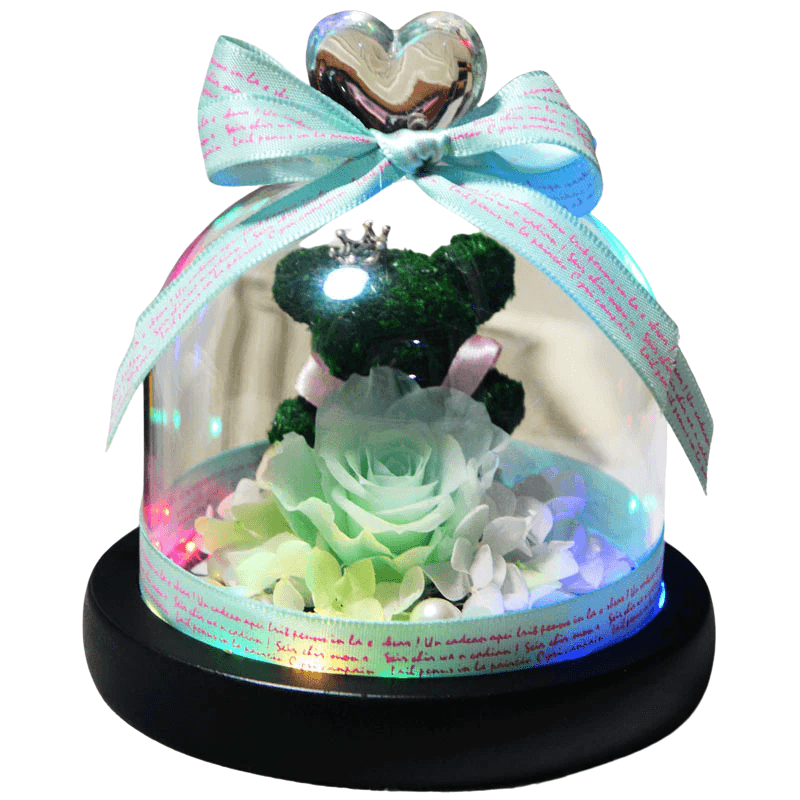 Mini Preserved Rose Bear In A Glass Dome-Flower Teddy Bear