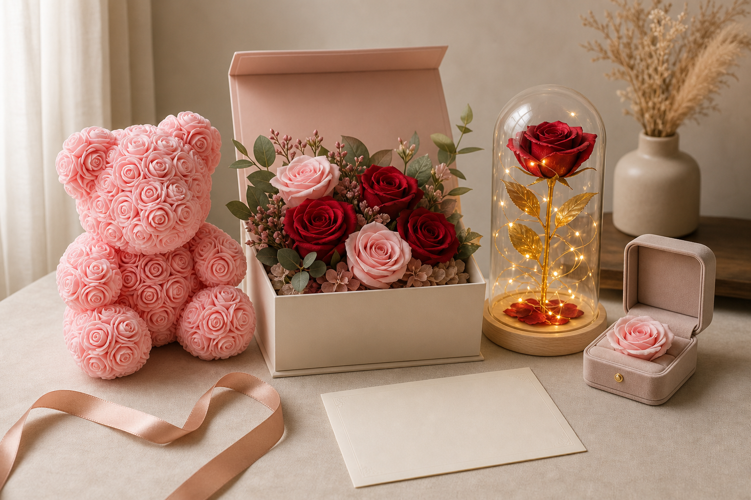 Faux rose bear, boxed artificial rose arrangement, LED dome rose and floral keepsake box arranged for comparison