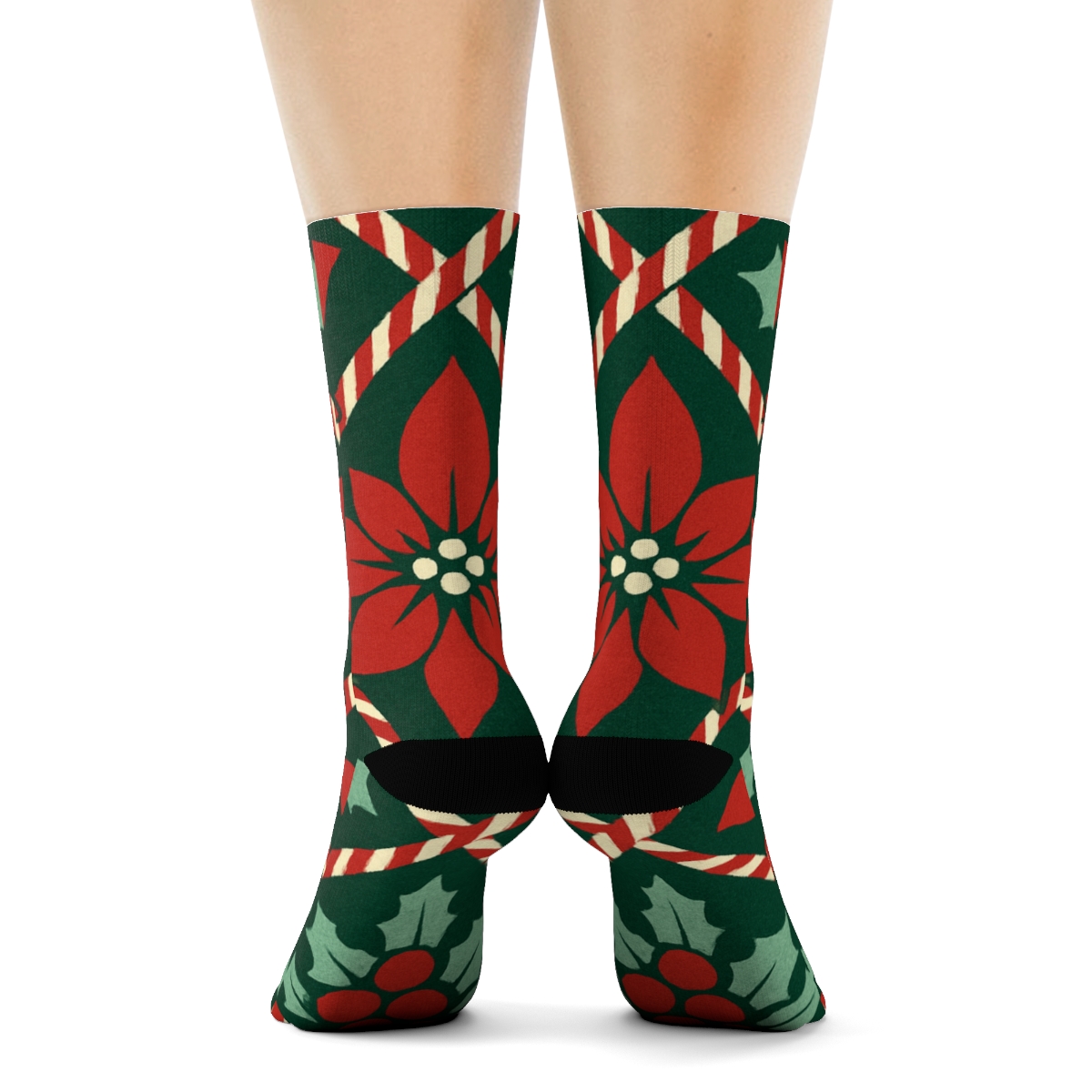 Candy Cane Poinsettia Lattice On Deep Pine Green Background soft everyday crew socksCandy Cane Poinsettia Lattice on Deep Pine Green Background Crew Socks - Image 4