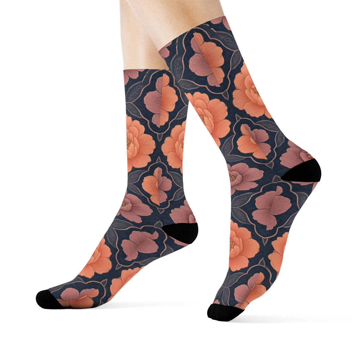 Peony Tessellation On Navy Blue Background stylish athletic crew socks
