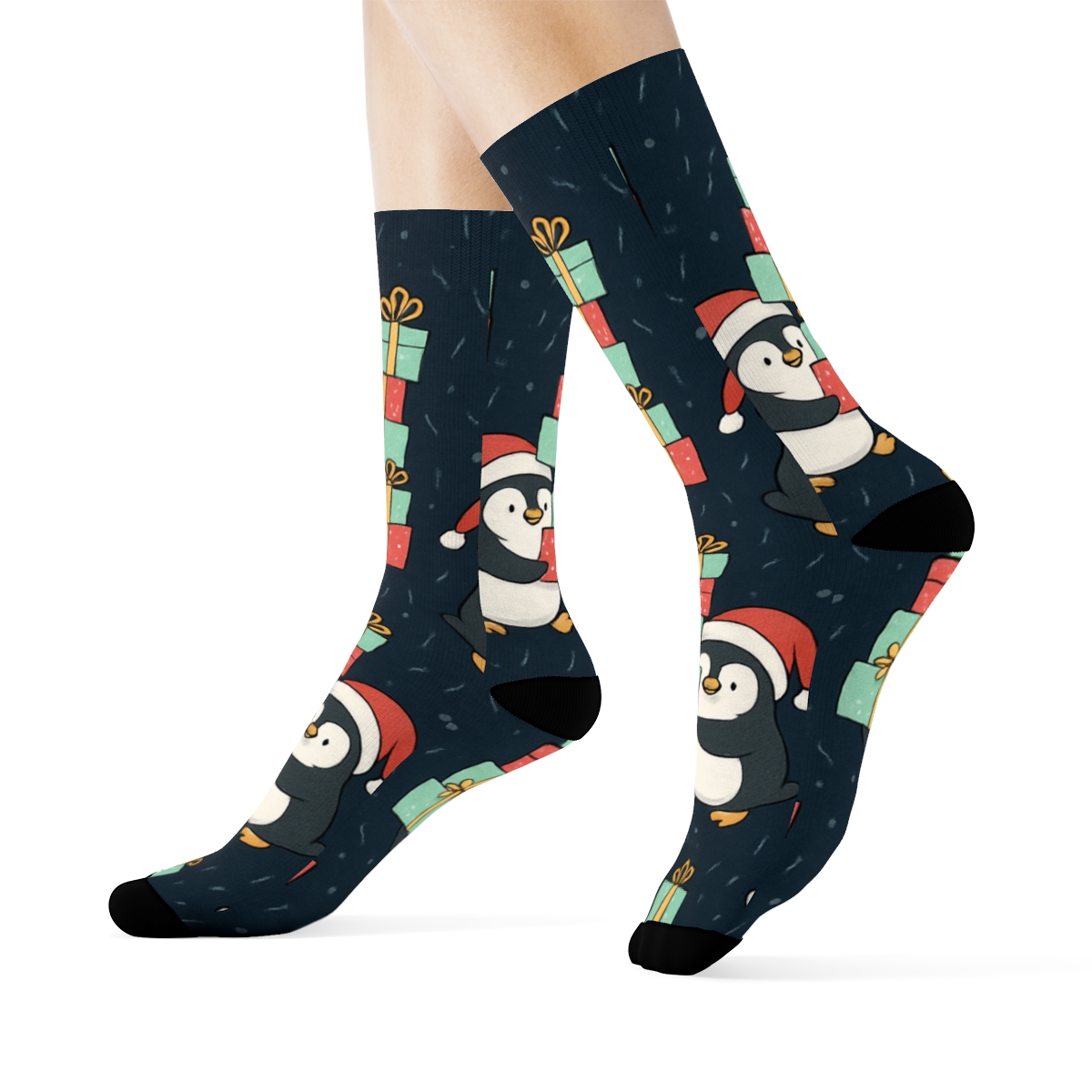 Penguin Present Stack Scatter On Midnight Blue Background comfortable cotton crew socks