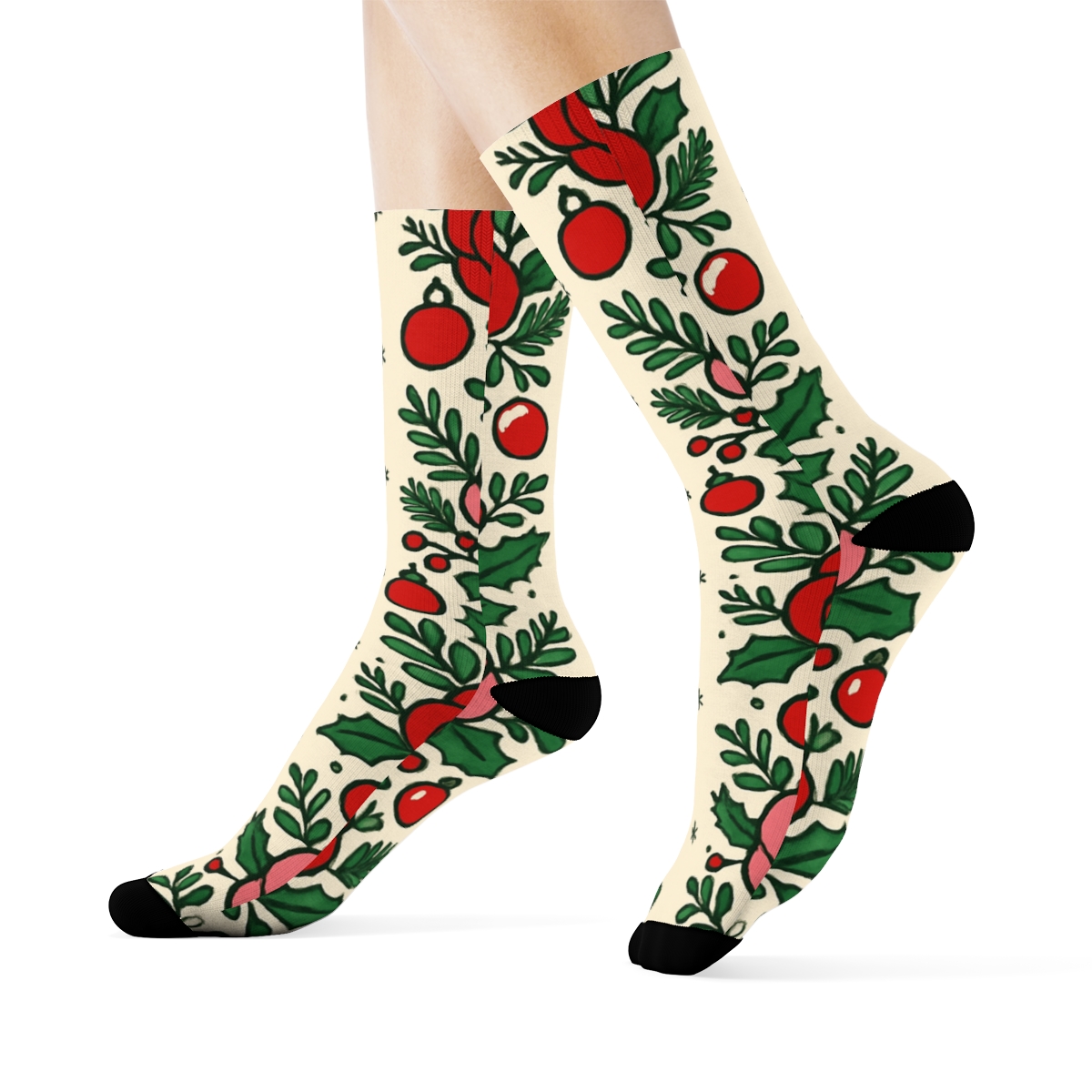 Candy Cane Rose Garland Stripe Repeat On Warm Ivory Background premium sports crew socks