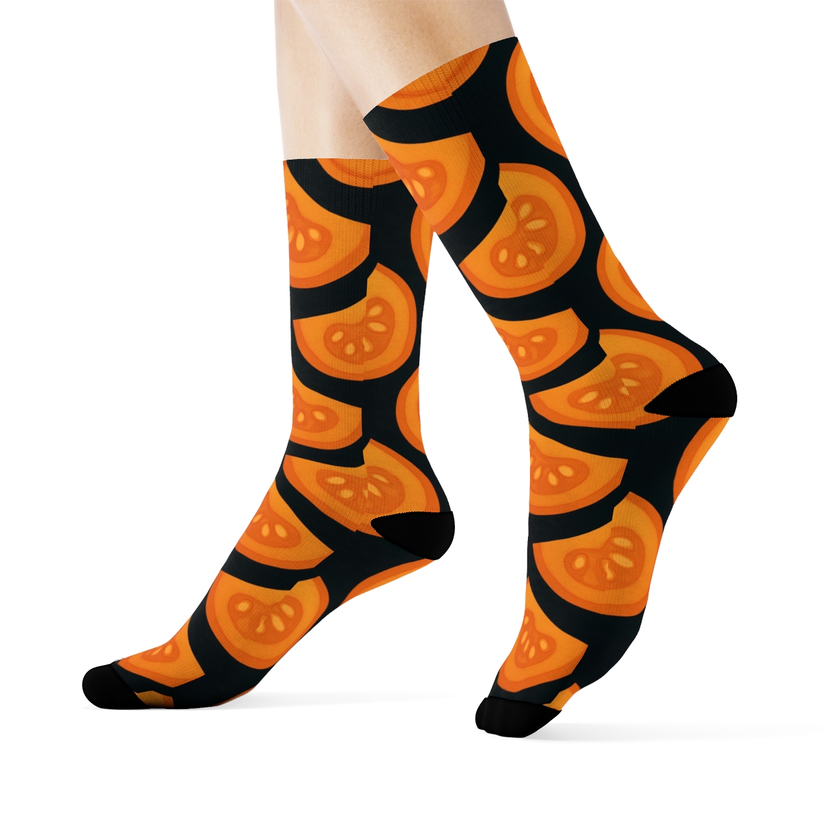 Orange Pumpkin Slice Scale Pattern On Black Background soft everyday crew socks