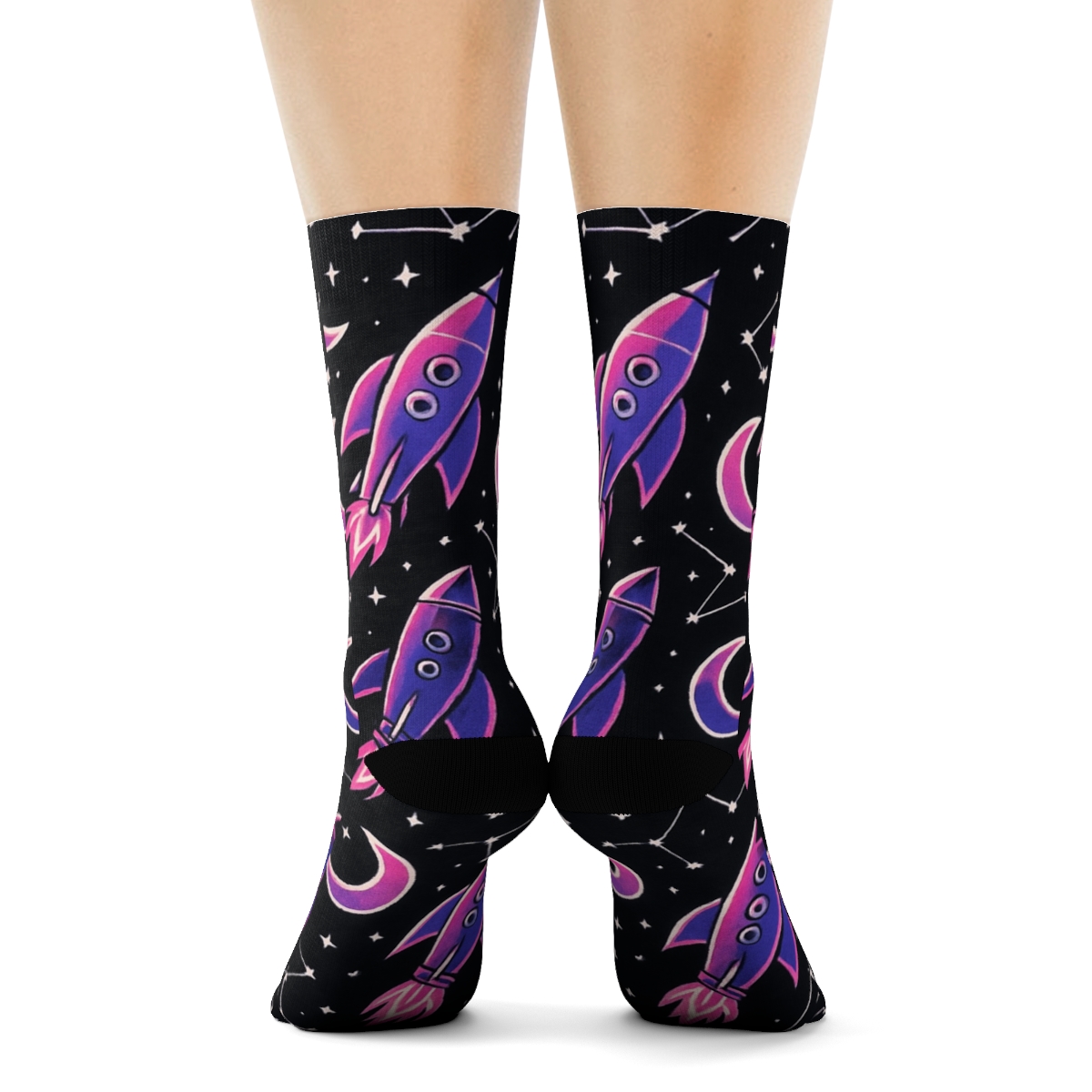 Cosmic Purple Rocket Chevron Grid On Black Background trendy patterned crew socks