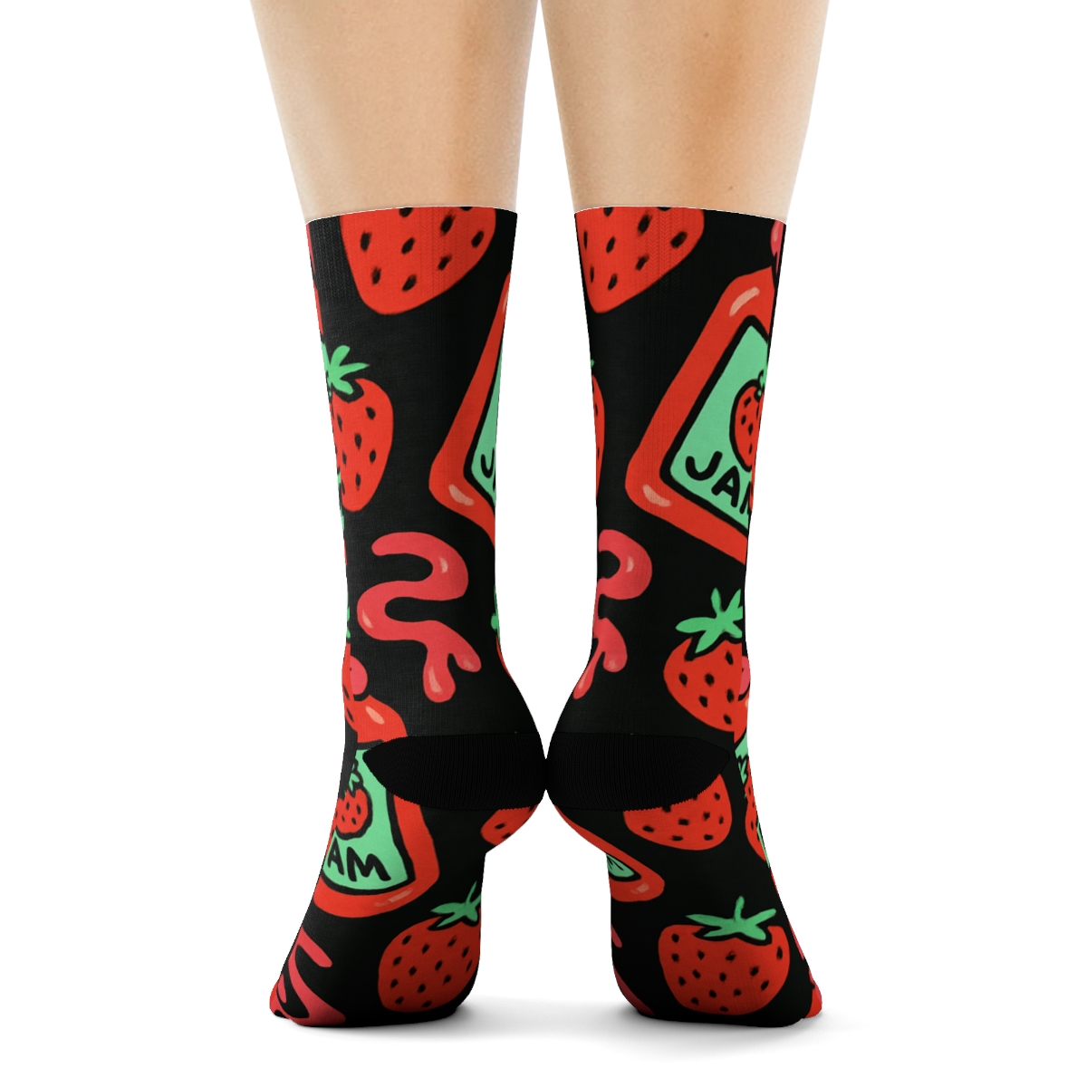 Midnight Strawberry Jam Jar Toss designer printed crew socks