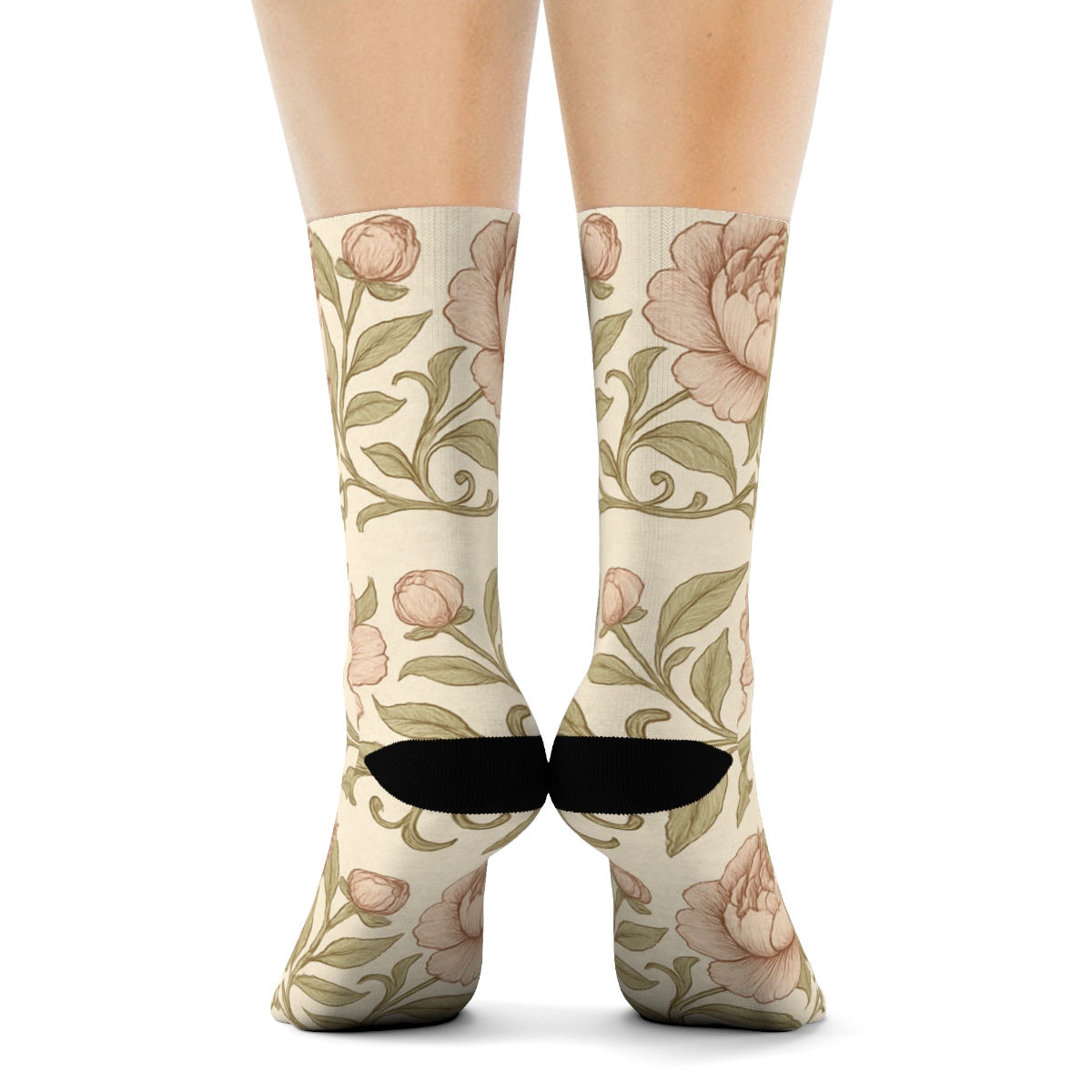 Vintage Peony Herbarium Border Repeat On Ivory Background comfortable cotton crew socks