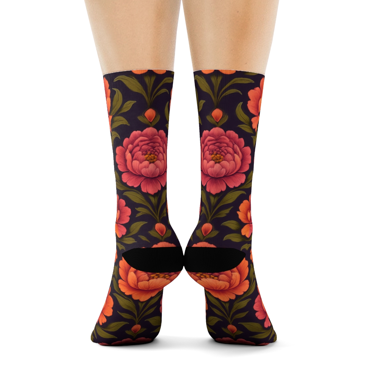 Sunset Peony Medallion Tessellation On Deep Plum Background unique graphic crew socks
