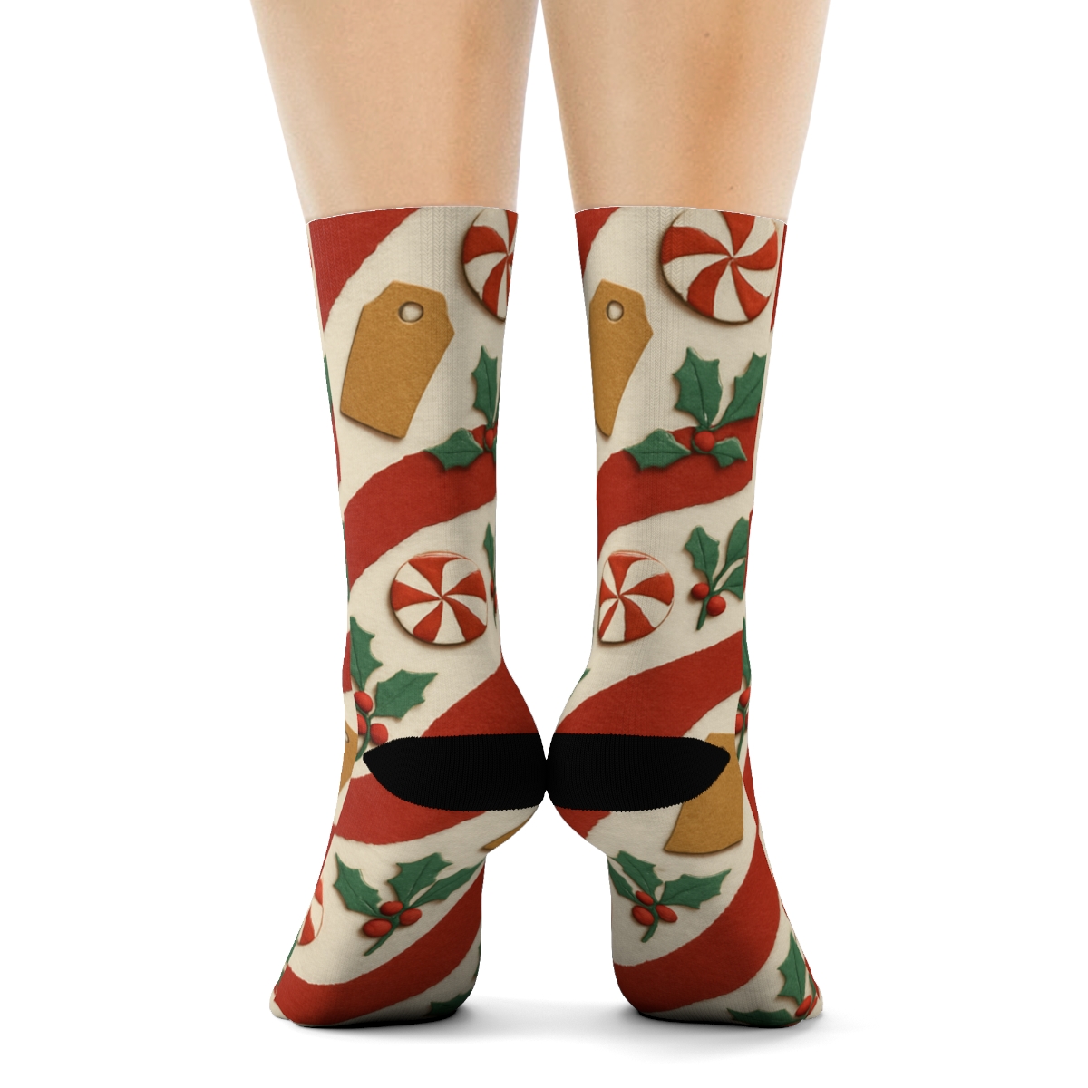Festive Collage Stripe Waves With Candy Canes Highlights soft everyday crew socks