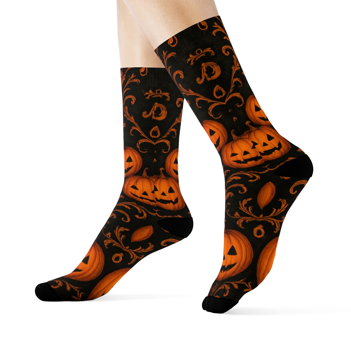 Jack O Lantern Damask Motif On Black Background stylish athletic crew socks
