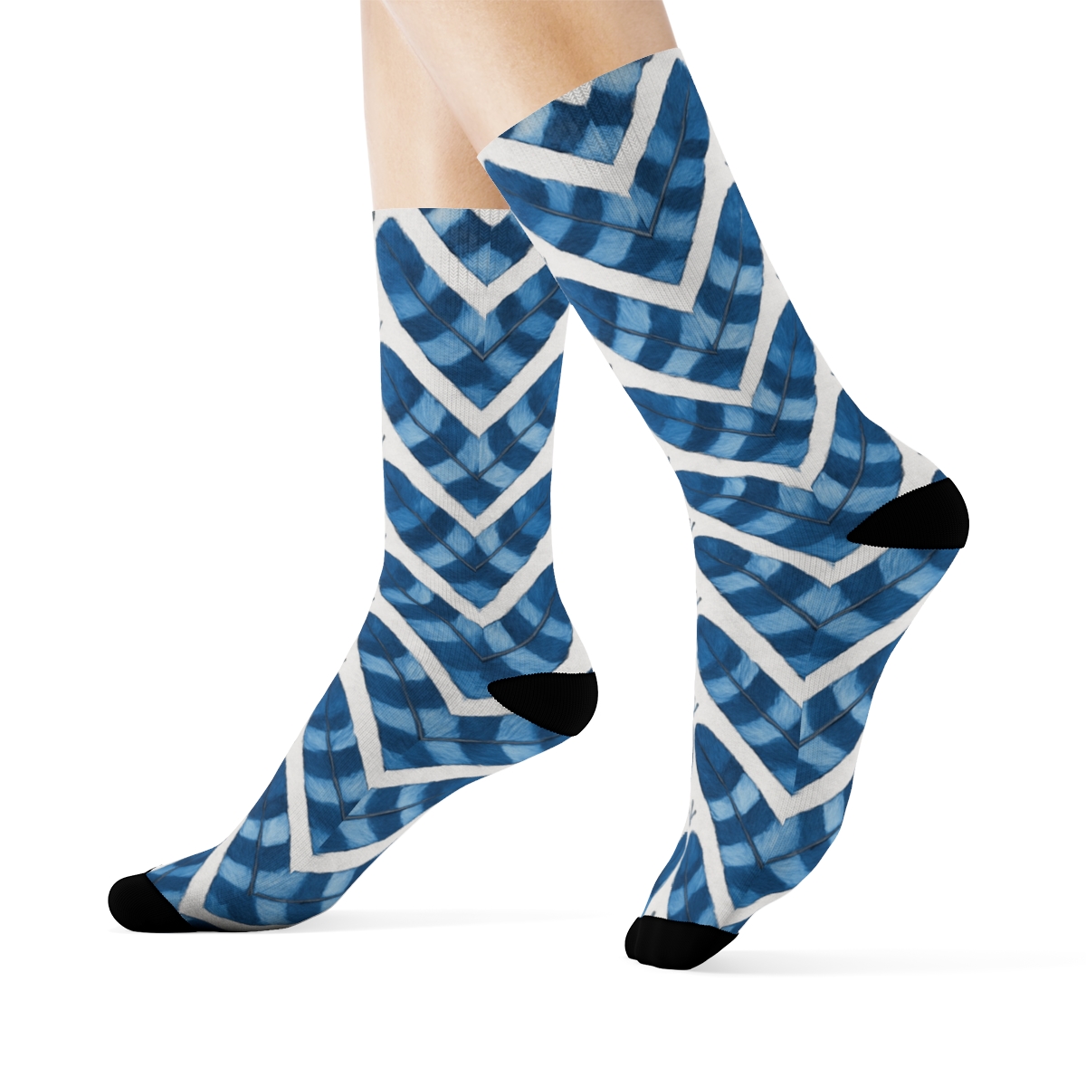 Blue Jay Feather Chevron On Snow White designer printed crew socks
