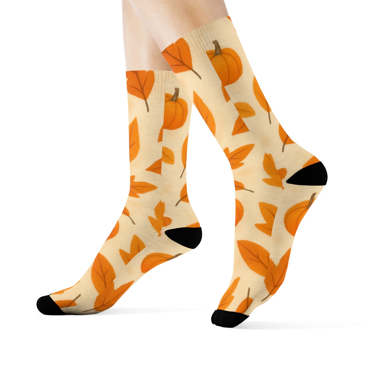 Orange Autumn Leaf And Tiny Pumpkin Scatter On Proper Neutral Background premium sports crew socks