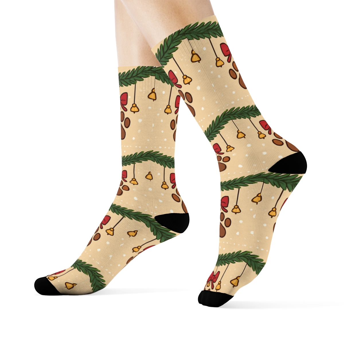 Dog Paw Print Garland Border Bands On Beige Background trendy patterned crew socks