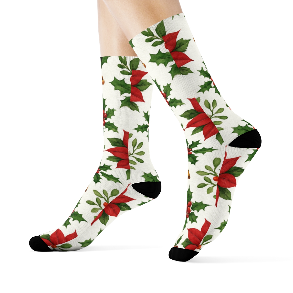 Crimson Poinsettia And Holly Lattice On Snow White Background unique graphic crew socks