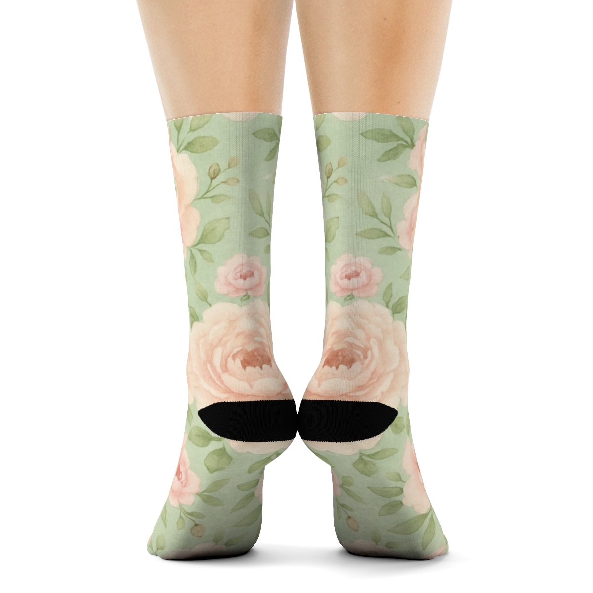 Cream Peony Medallion Tessellation On Soft Sage Background premium sports crew socks