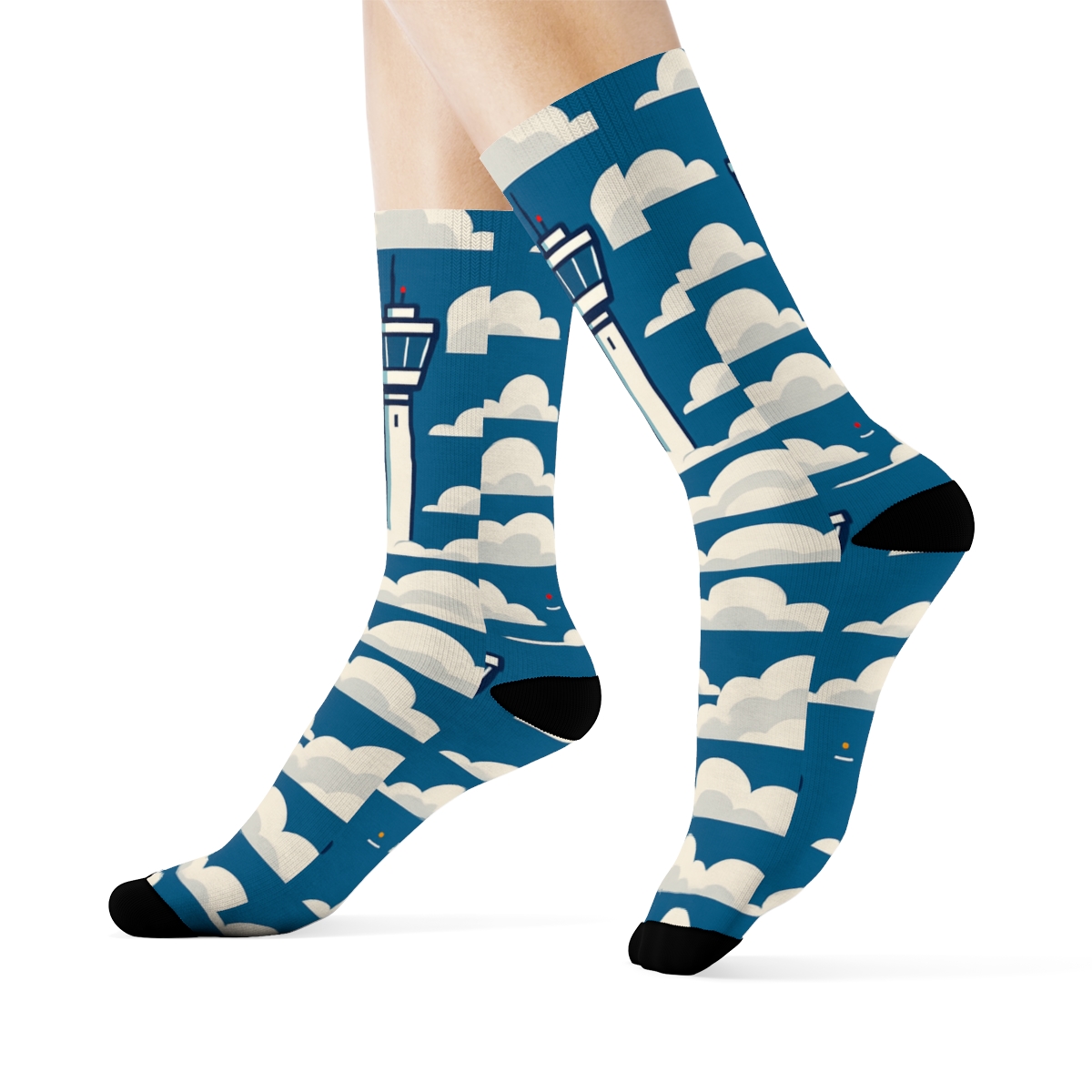 Airplane Tower And Cloud Grid In Aviation Chic custom crew socks