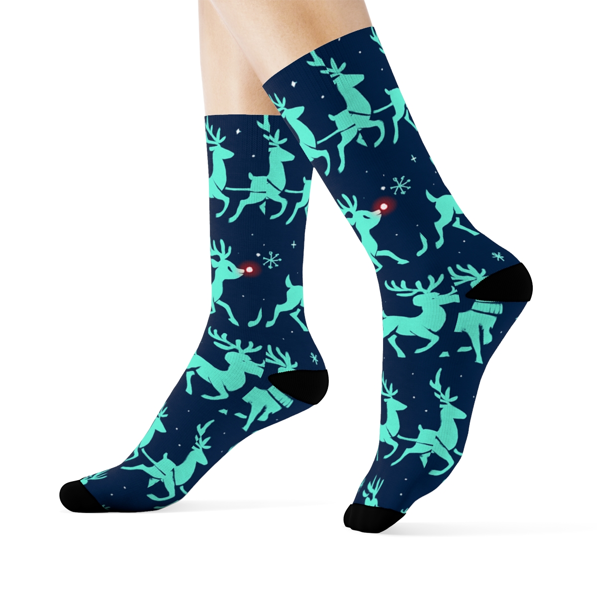 Reindeer Sleigh Party Pattern With Rudolph Lead stylish athletic crew socks