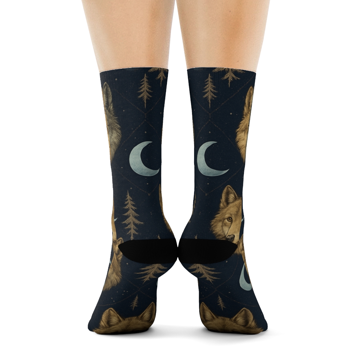 Moonlit Forest Lattice With Gray Wolf Motifs trendy patterned crew socks