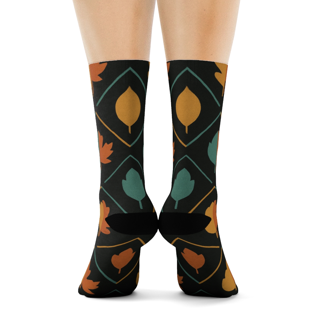 Burnt Orange Leaf Silhouette Lattice On Charcoal soft everyday crew socks