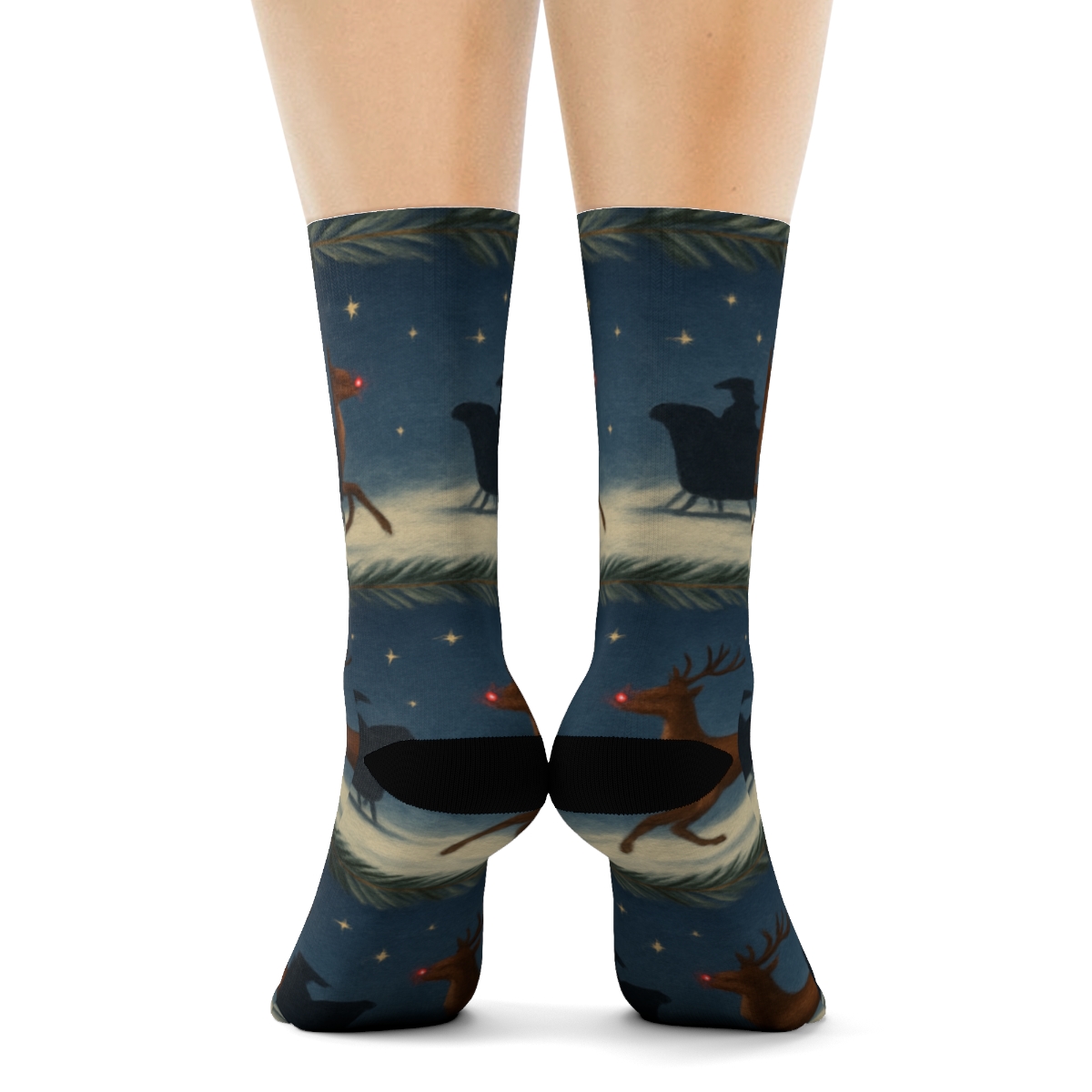 Midnight Sleigh Rudolph Scene comfortable cotton crew socks