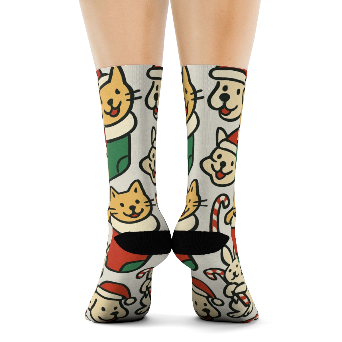 Holiday Pets Scatter On Light Gray designer printed crew socks