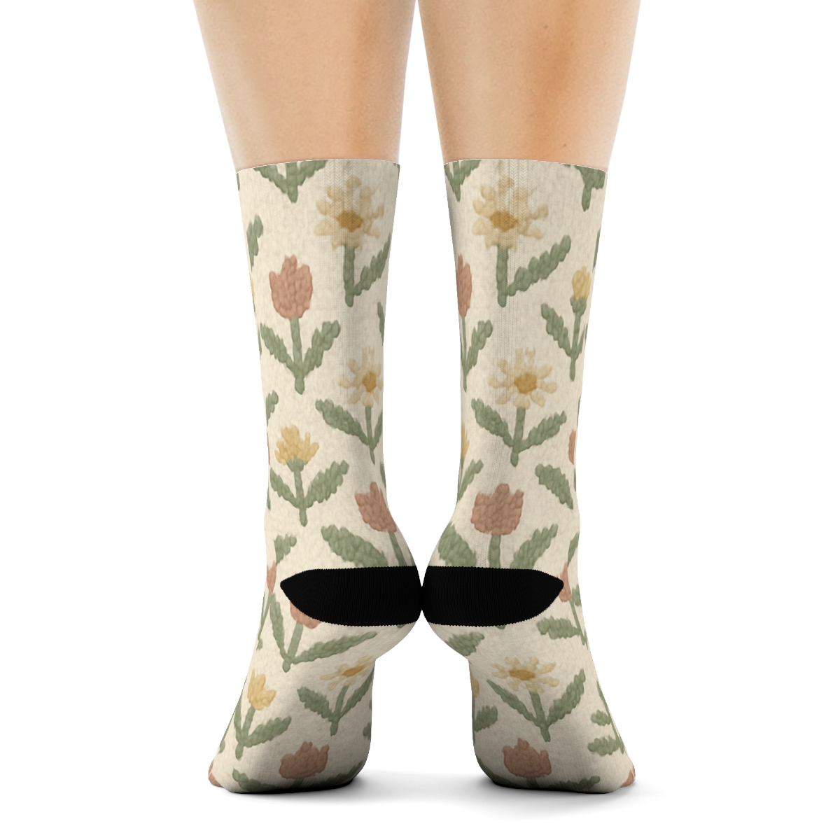 Sage Wildflower Knit Illusion Chevron On Warm Ivory Background personalized crew socks