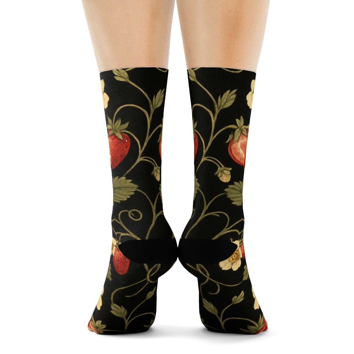 Vintage Strawberry Botanical Tile On Black Background personalized crew socks
