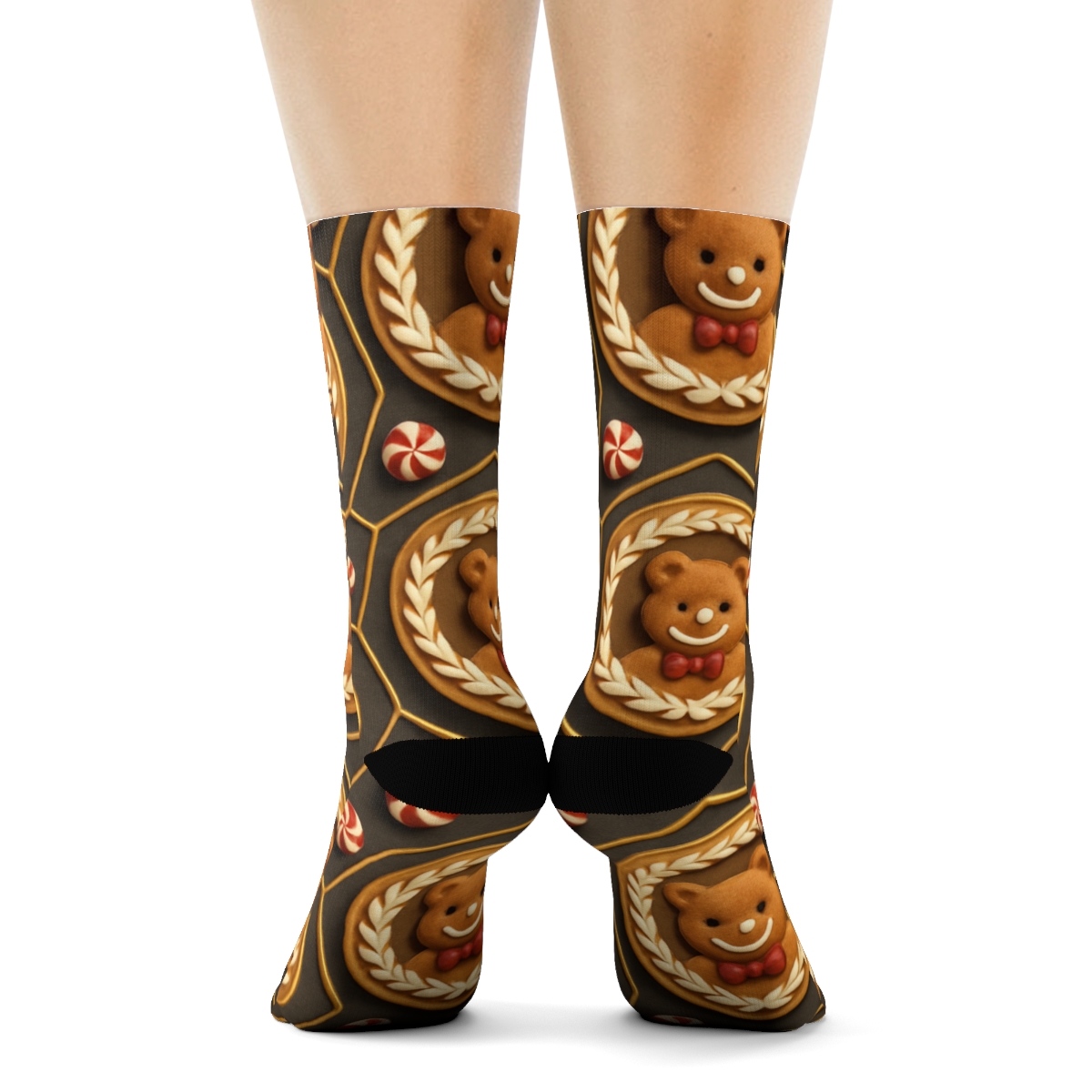 Gingerbread Bear Medallion Tiles On Charcoal Background comfortable cotton crew socks