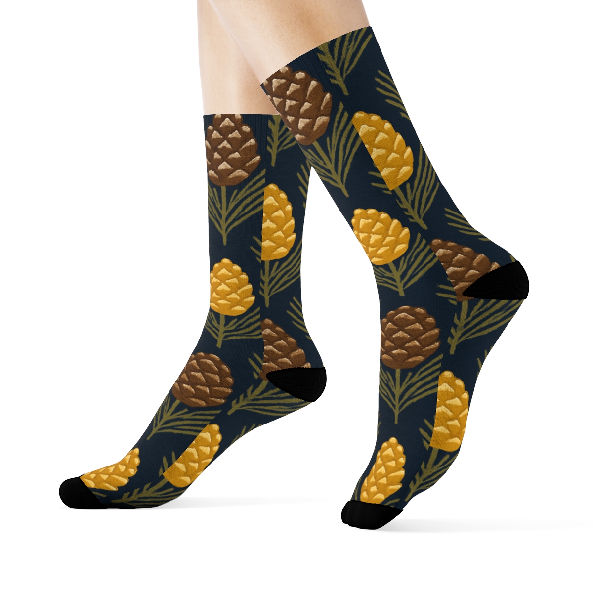 Pine Cone Chevron On Navy Blue trendy patterned crew socks