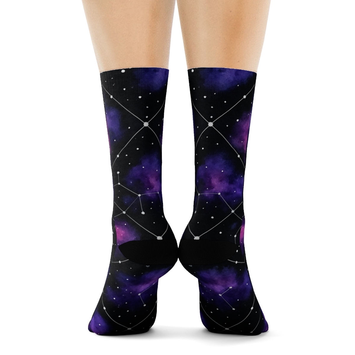 Cosmic Purple Nebula Watercolor Constellation Grid On Black designer printed crew socks