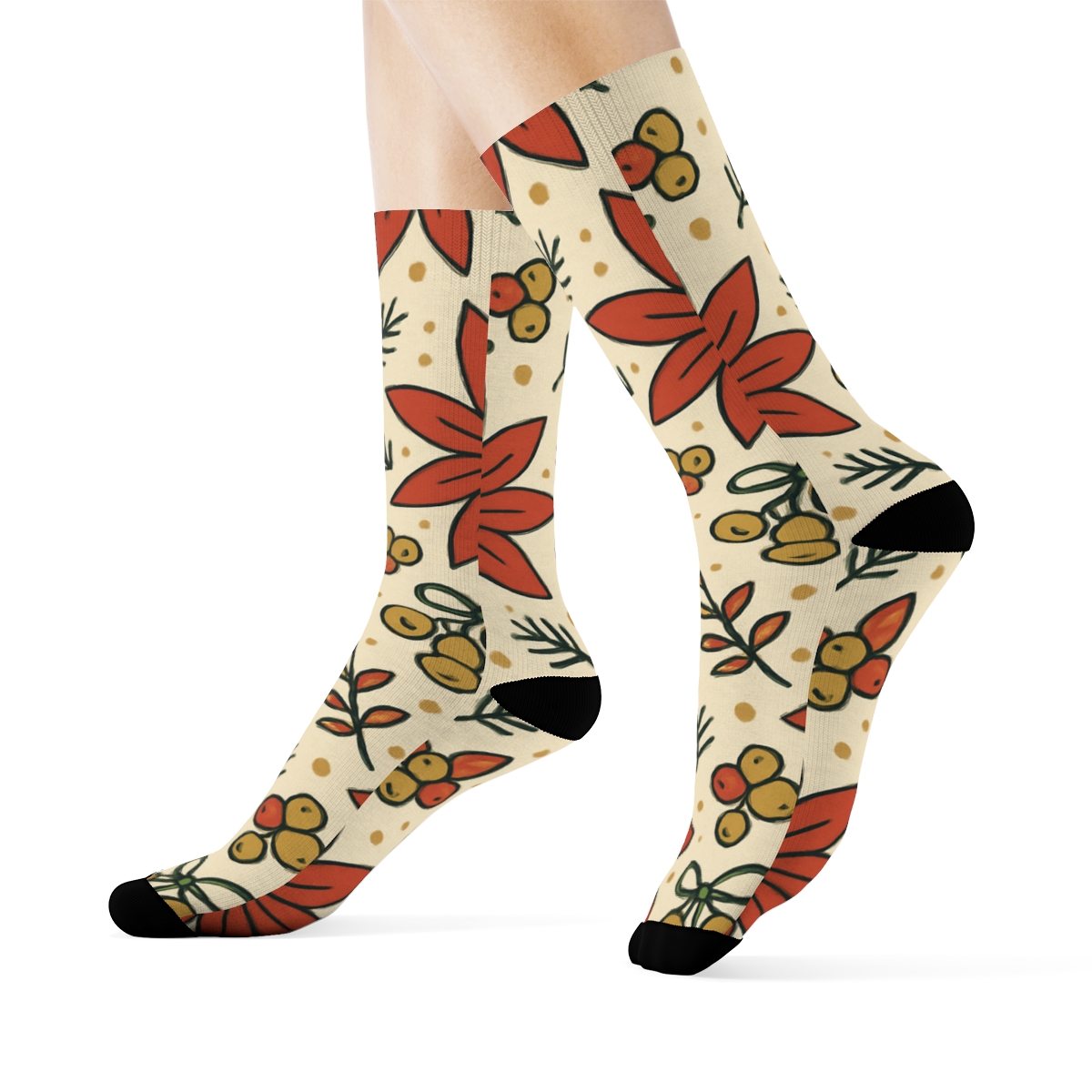 Poinsettia Daisy Scatter On Warm Ivory Background soft everyday crew socks