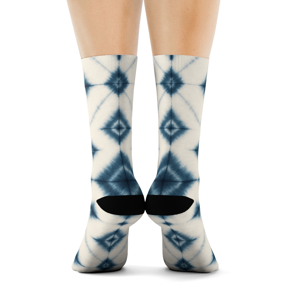 Shibori Diamond Accordion Pleat Grid In Deep Indigo And White On Ivory Background comfortable cotton crew socks