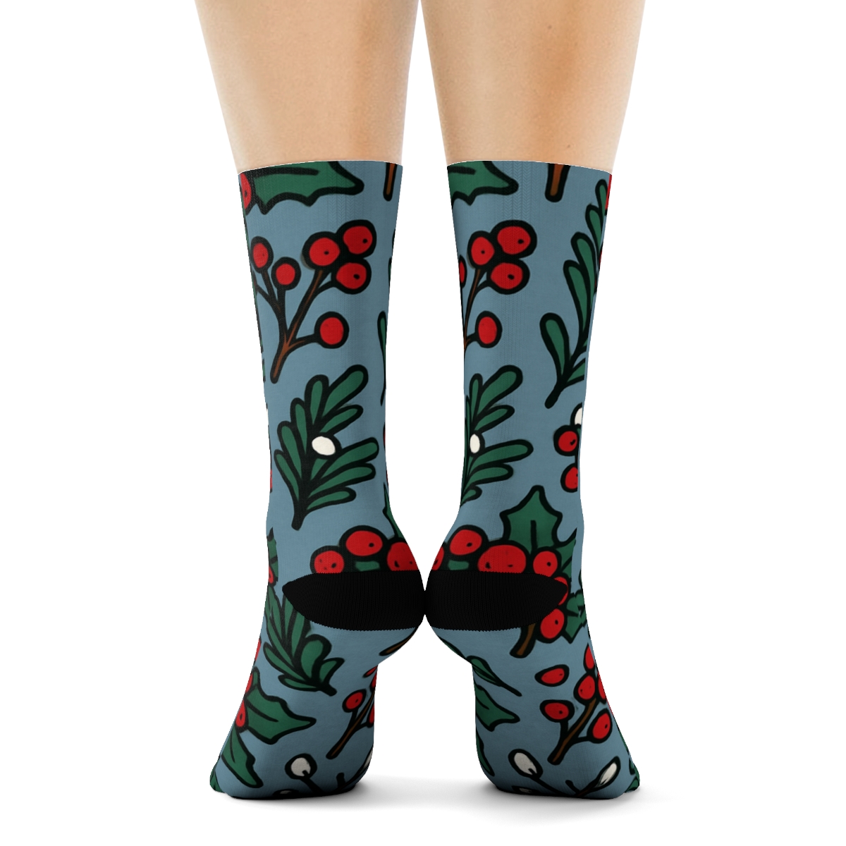 Fir Sprig Cartoons In Evergreen Branches Repeat designer printed crew socks