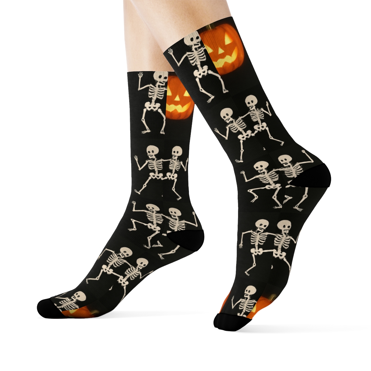 Skeleton Dance Pumpkin Checkerboard On Black Background comfortable cotton crew socks