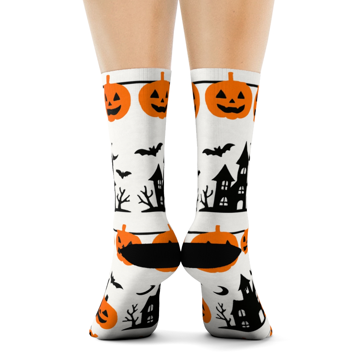 Haunted House Silhouette Border Stripe On White Background unique graphic crew socks
