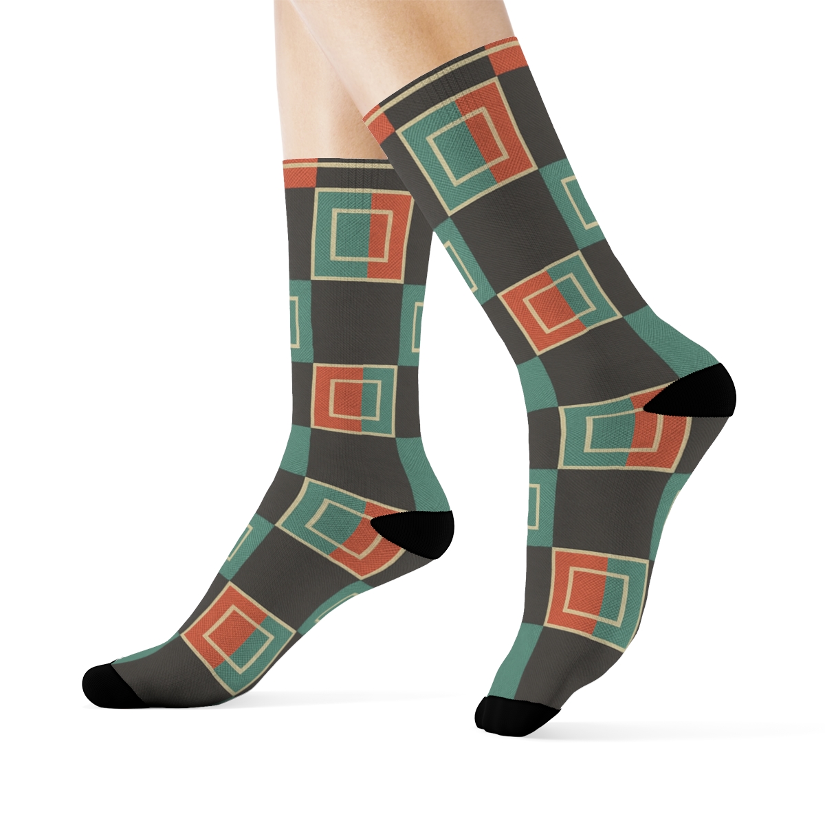 Bold Coral And Teal Nested Block Checks With Concentric Square Insets On Charcoal designer printed crew socks