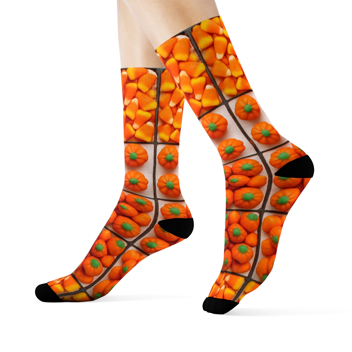 Candy Corn And Mini Pumpkin Checkboard On White Background designer printed crew socks