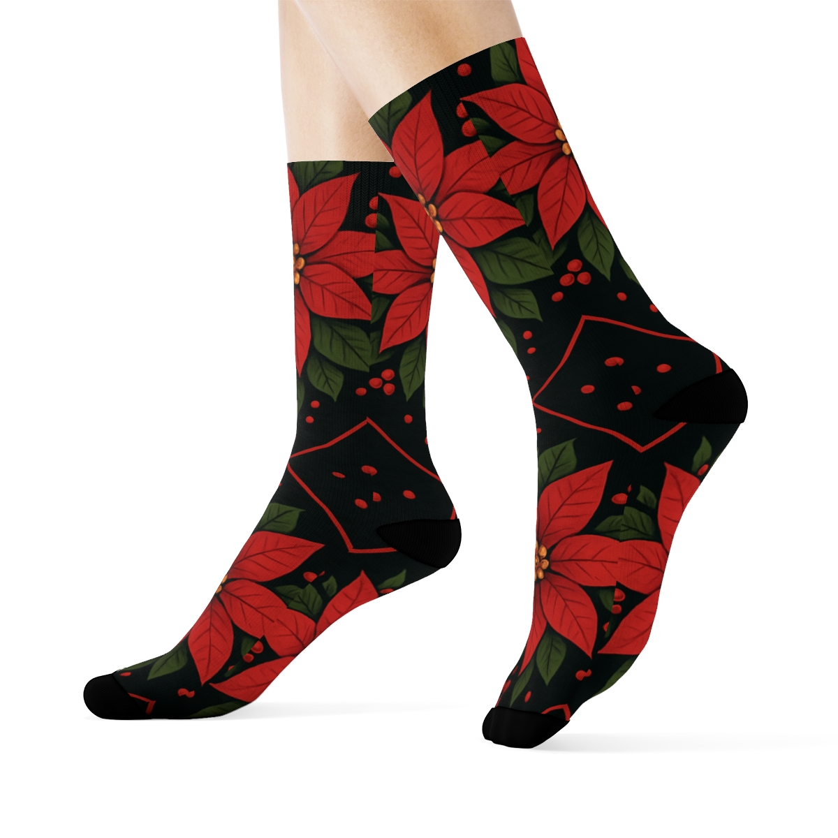 Crimson Poinsettia Star Lattice On Midnight Black custom crew socks