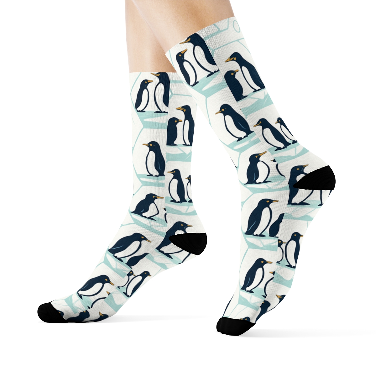 Penguin Ice Floe Hex Tiling On Frost White unique graphic crew socks