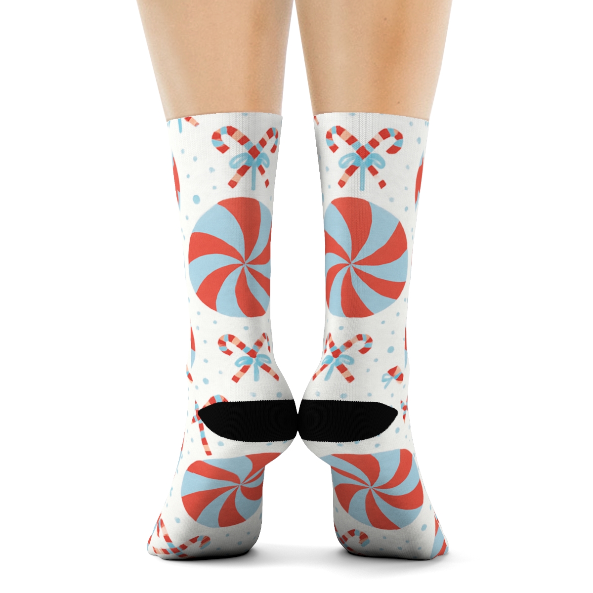 Peppermint Swirl Array With Candy Canes designer printed crew socks