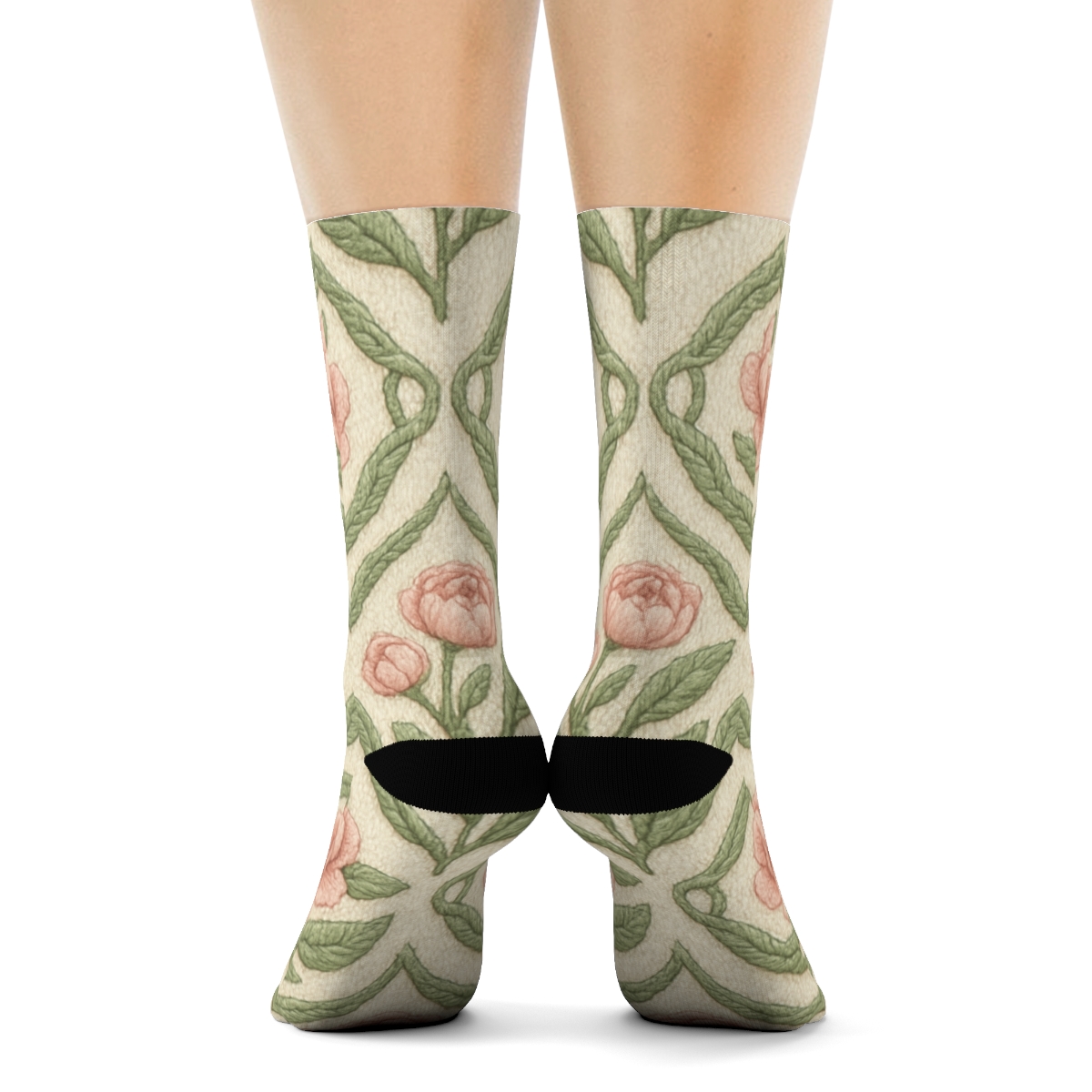 Knitted Peony Bloom Cable Tiles On Cream Sage Background custom crew socks