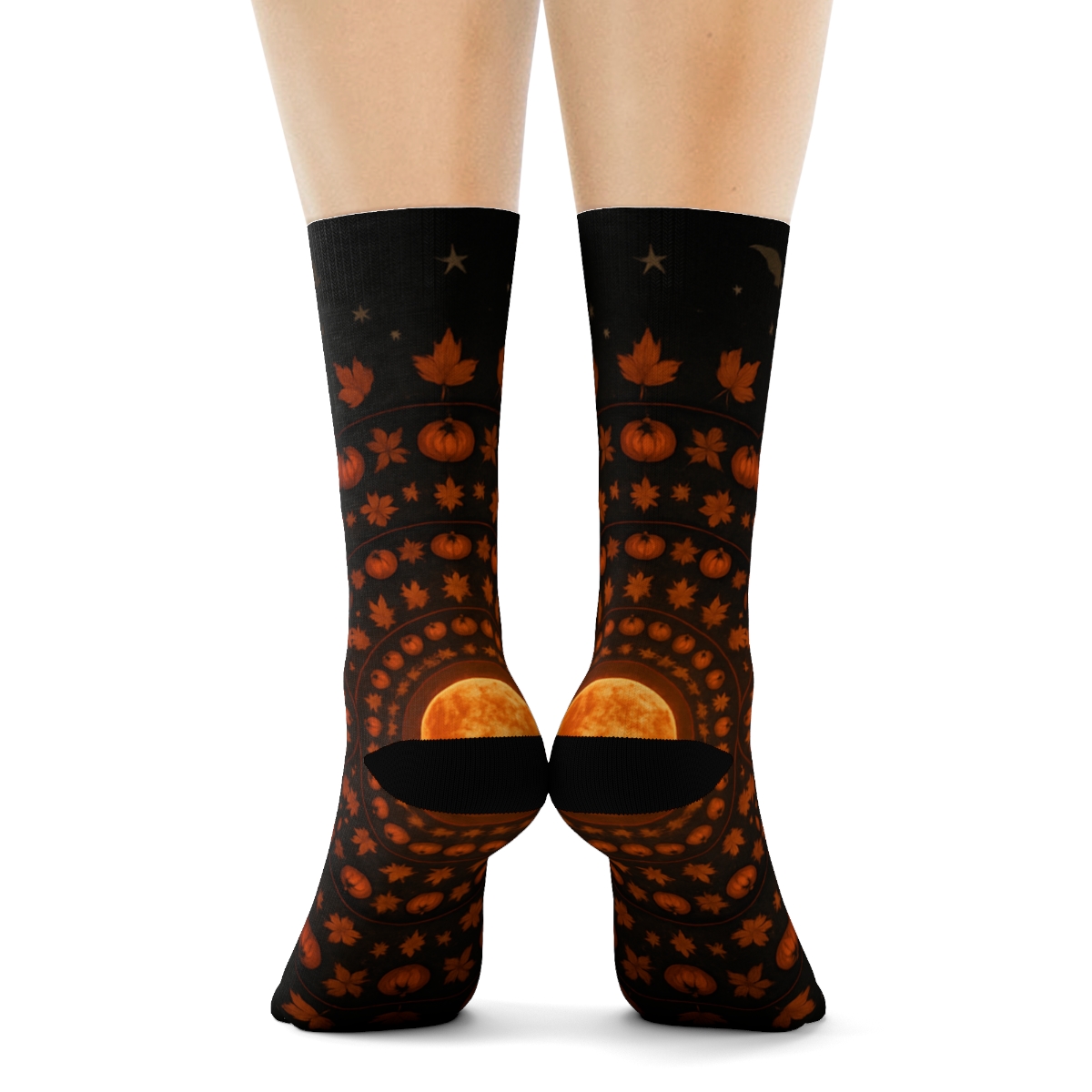 Harvest Moon Radial With Pumpkins On Black Background trendy patterned crew socks