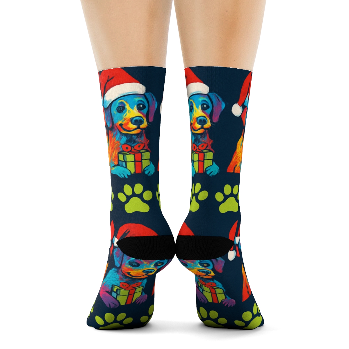 Santa Hat Dog Paw Print Bands On Navy Background custom crew socks