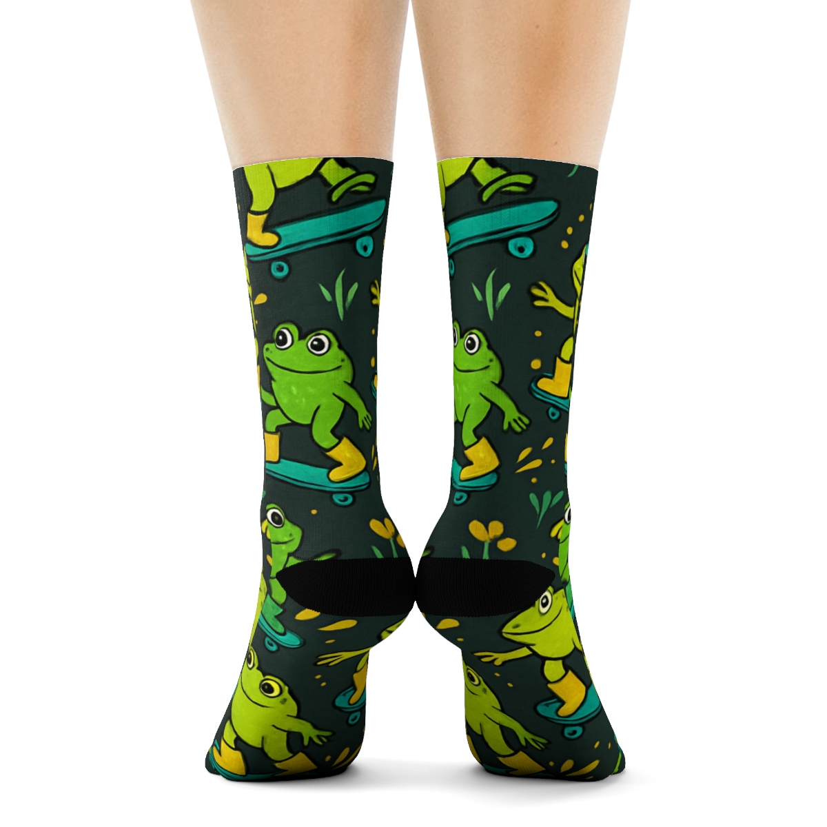 Skateboard Frogs Diagonal Tile On Charcoal trendy patterned crew socks