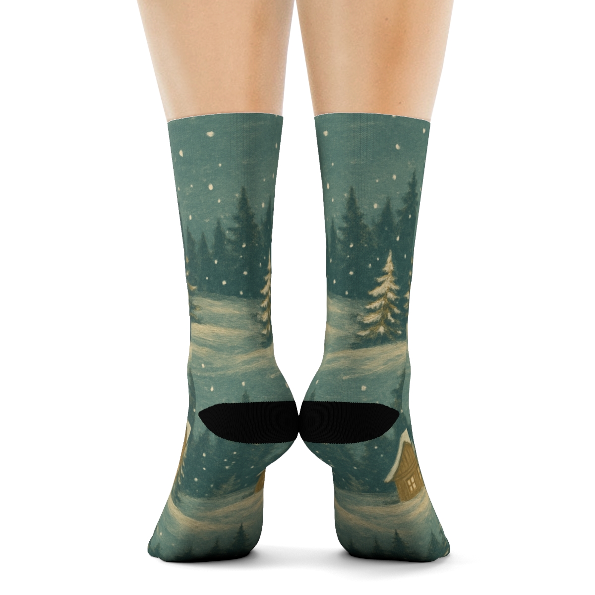 Snowy Cabin Landscape Christmas custom crew socks