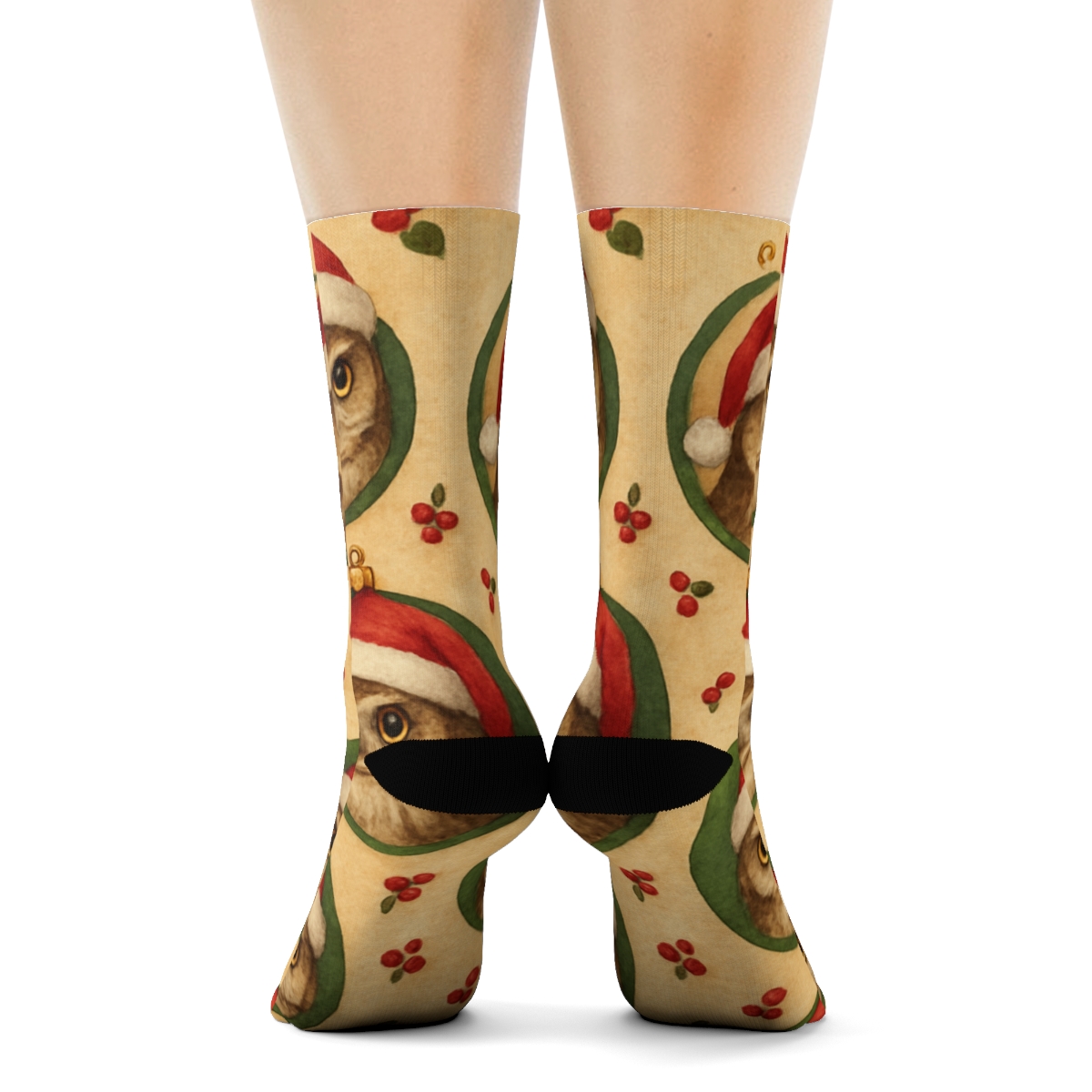 Watercolor Owl Ornament Medallions On Warm Beige Background trendy patterned crew socks