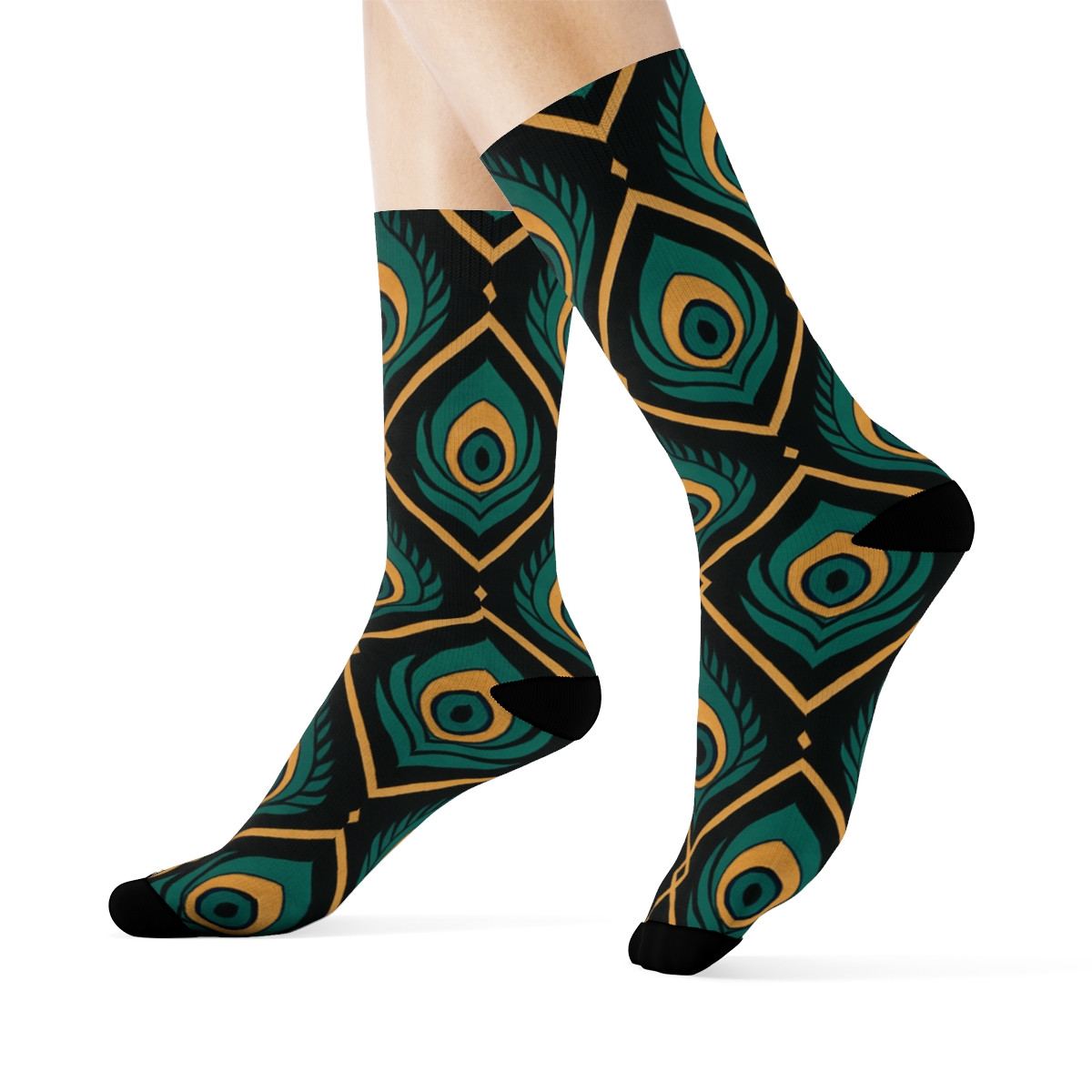 Peacock Eye Feather Lattice On Midnight Black personalized crew socks