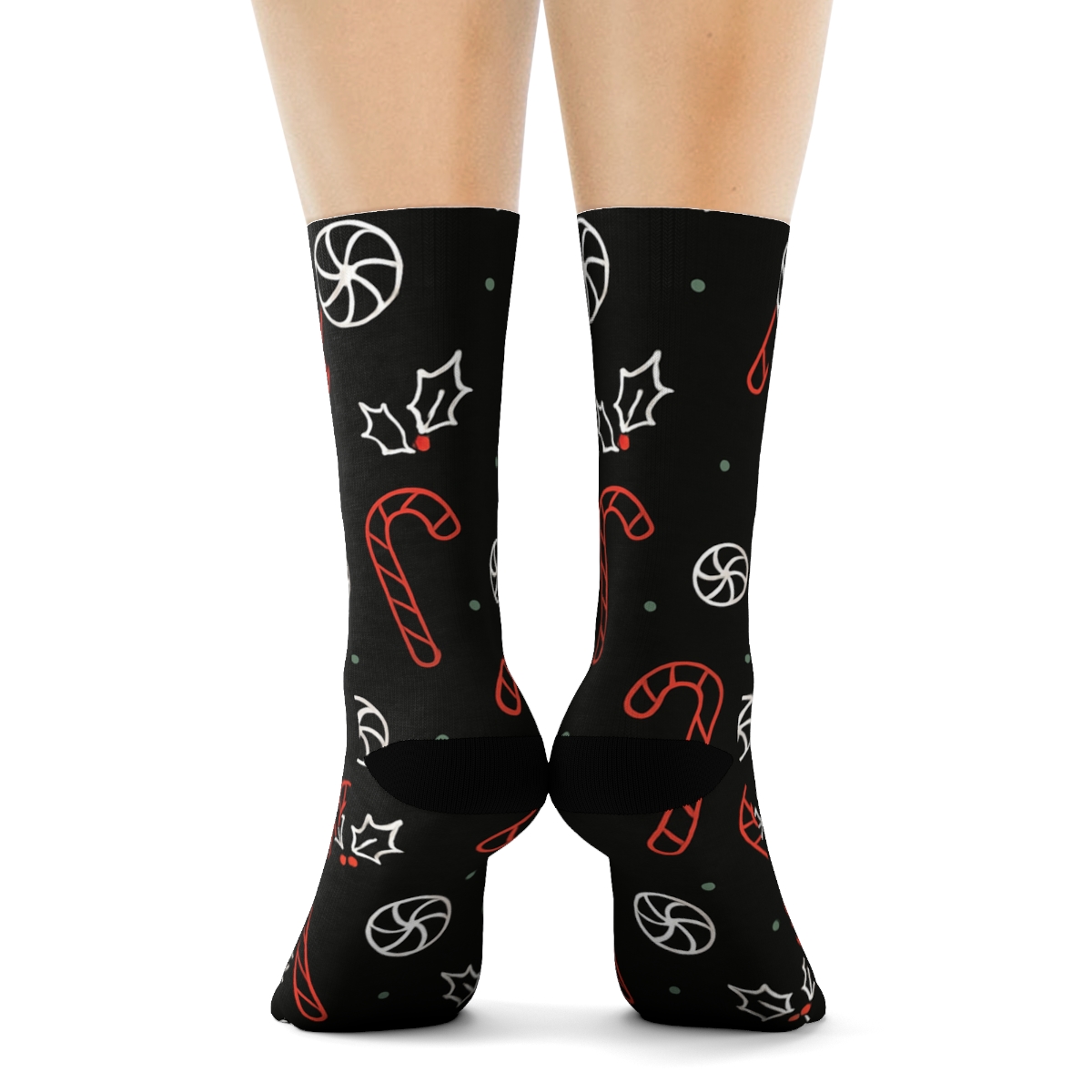 Modern Minimal Candy Canes Outline Scatter On Black comfortable cotton crew socks