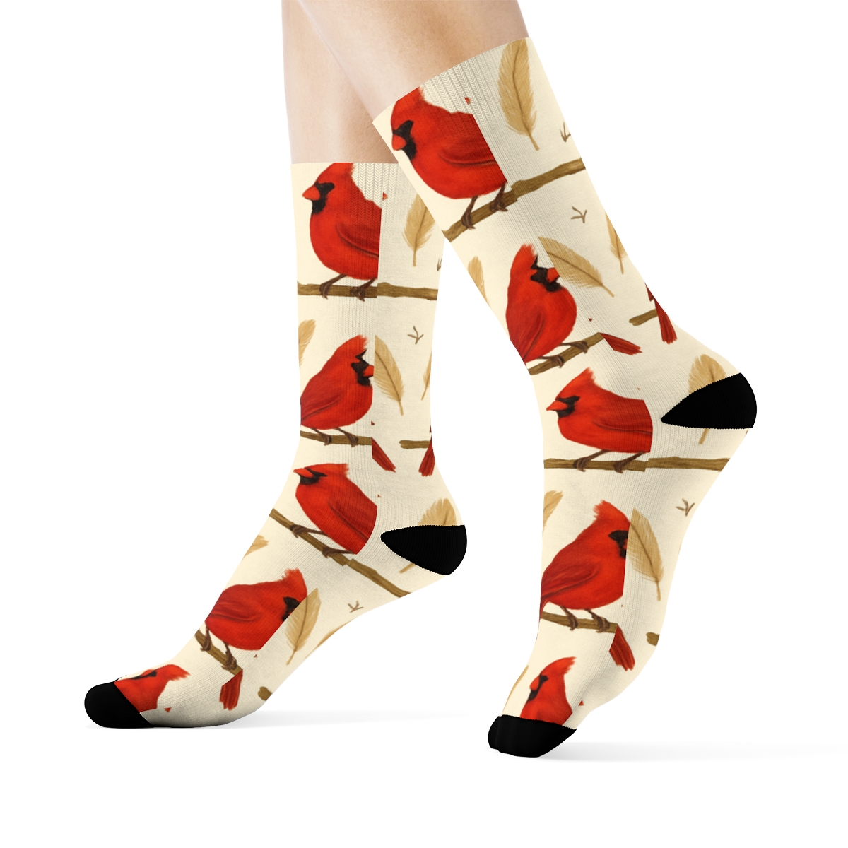 Cardinal Branch Banded Border Repeat On Cream Background unique graphic crew socks