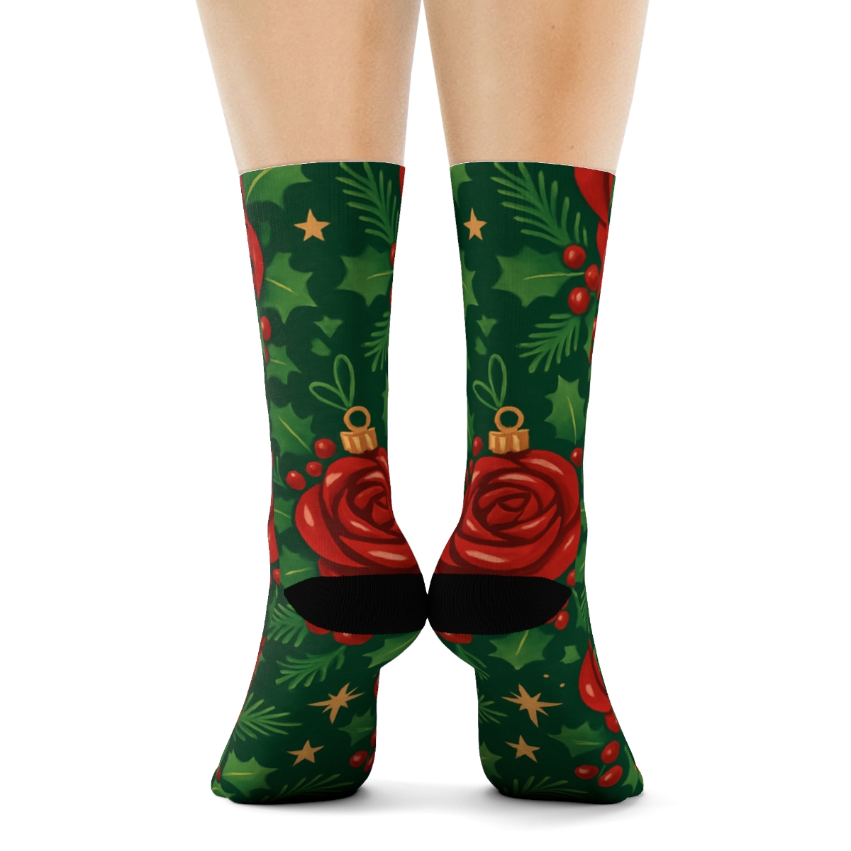 Crimson Rose Ornaments Lattice On Midnight Green Background unique graphic crew socks