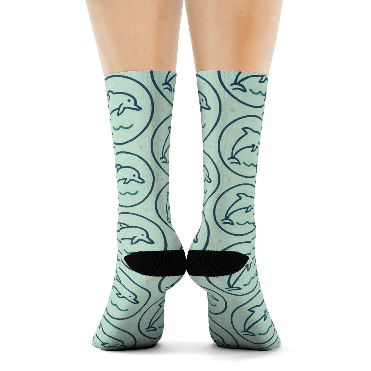 Coastal Medallions With Dolphin In Minimal Sea Foam Blue designer printed crew socks